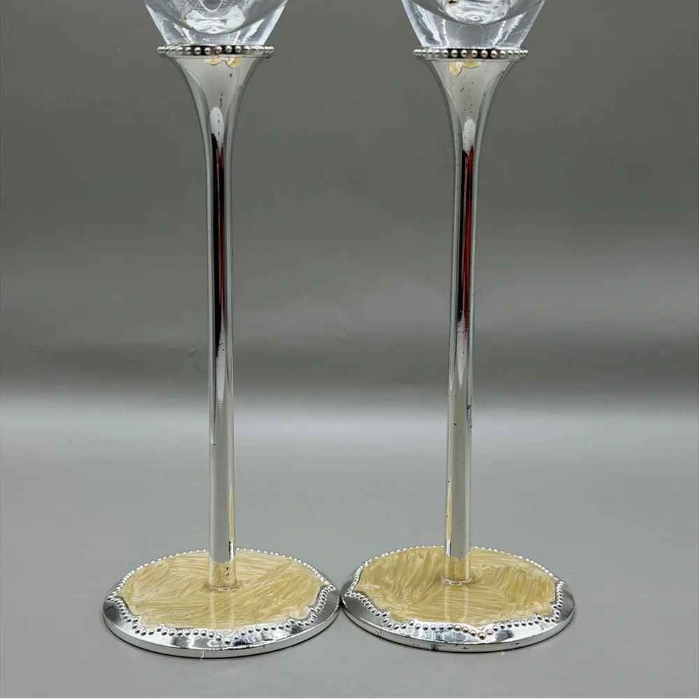 Papyrus Silver Stem Champagne Flutes‎ Pair - Cream Enamel Base